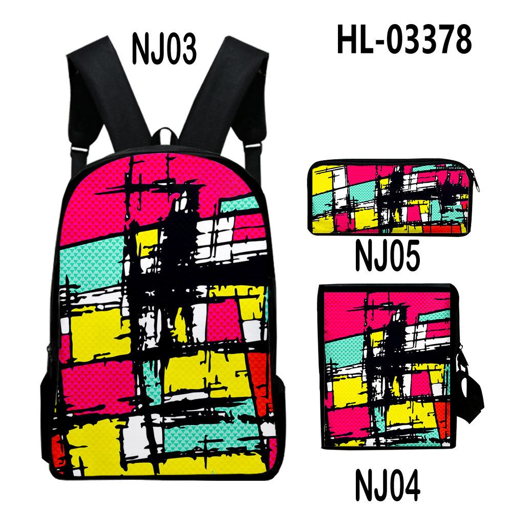 Classic Novelty Creative color blocking 3D Print 3pcs/Set School Bags Laptop Daypack Backpack Inclined shoulder bag Pencil Case