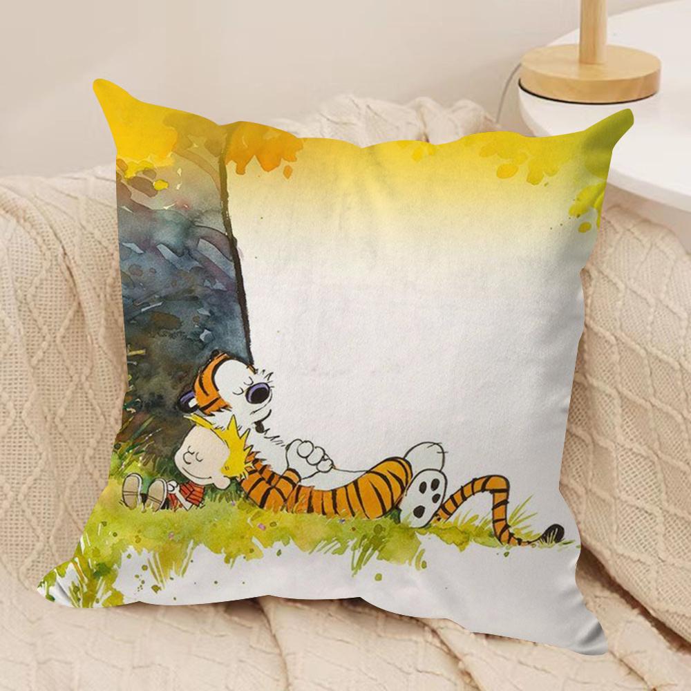 C-Calvin and H-Hobbes Cushion Cover Silky Short Plush Double-Sided Printed Pillow Case for Sofa All Seasons Home Decor Gift