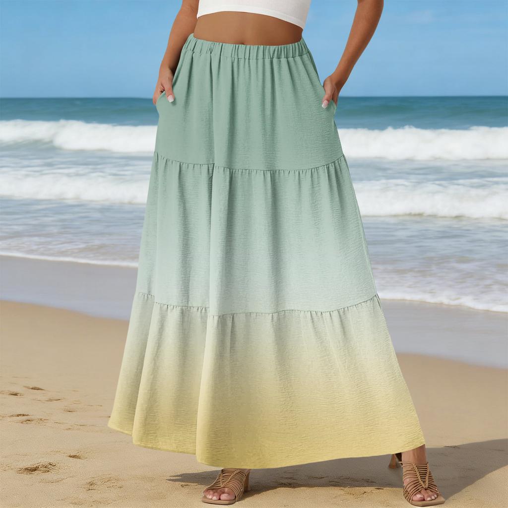 Women's Casual High Waist Drawstring A-line Skirt Color Skirt With Pockets