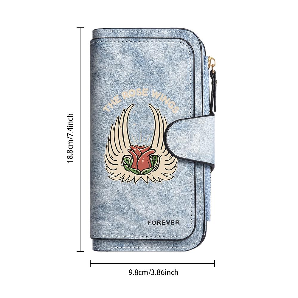 Stylish Rose Wings Print Wallet Fashion Functional Multiple Card Slots Casual Daily Use Portable Purse