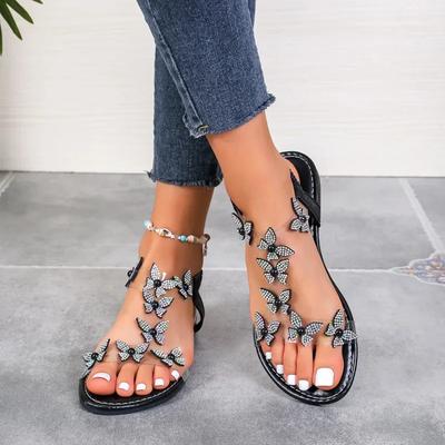 Fashion Women's Shoes 2024 New Elastic Band Women's Sandals Summer Dress Sandals Women Crystal Butterfly Open Toe Plus Size Shoes Women