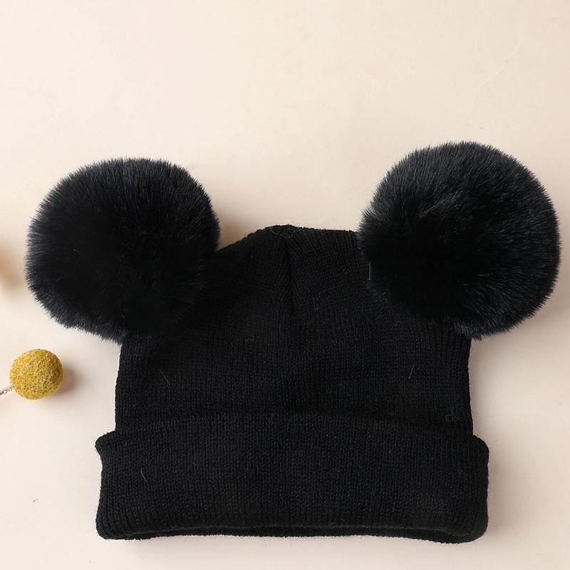 1pc solid color Beanie with Double Hairball,Winter Warm Leisure windproof multifunctional Kids Knit Cap For Autumn and Winter