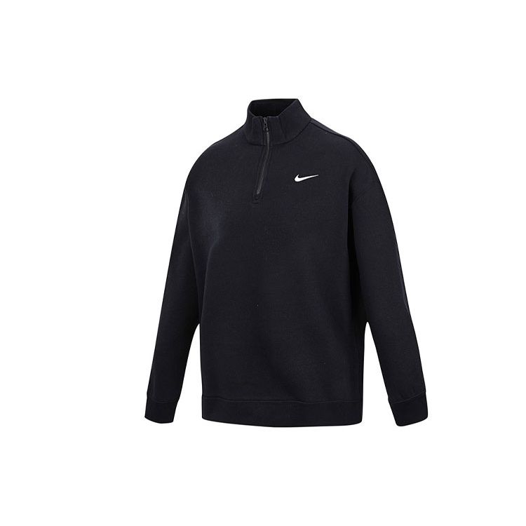 Nike Solid Color Logo Fleece Casual Loose Stand Collar Half-Zip Pullover Sweatshirt Women Tops Black DC5425-010