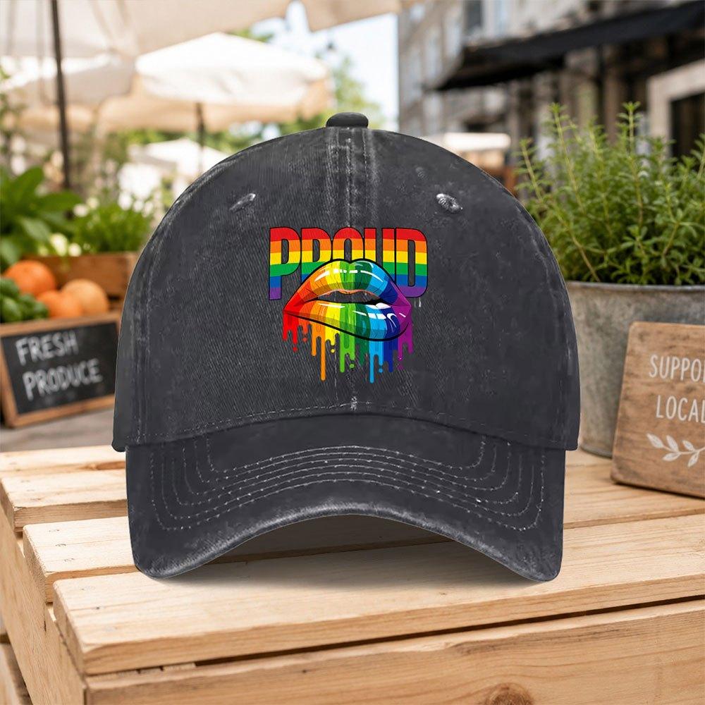 Rainbow Pride Lip Print Washed Baseball Cap Unisex Casual Dad Hat for Outdoor Hiking Daily Commute Casual Gatherings