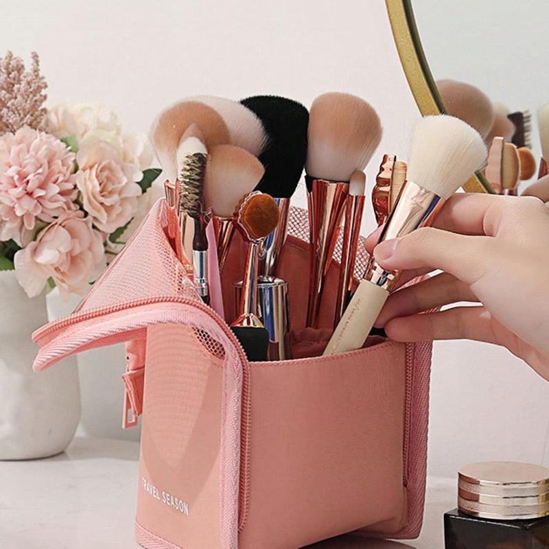 Pink Makeup Brush Case with Zipper,Transparent Pvc Waterproof Travel Makeup Brush Holder ,Portable Makeup Brush Bag, Professional Cosmetic Bag