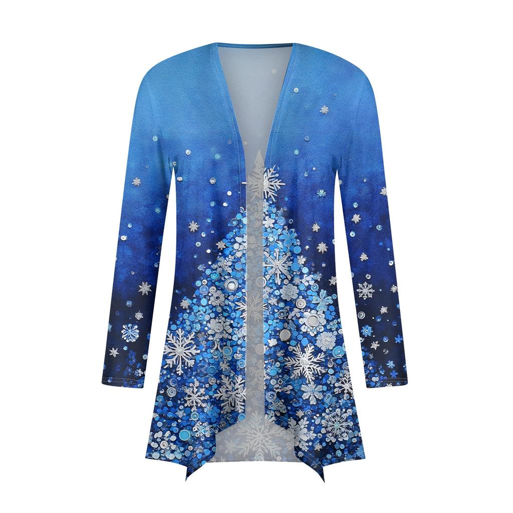 Women's Fashion Casual Christmas  Print Medium Length Cardigan Jacket Coat