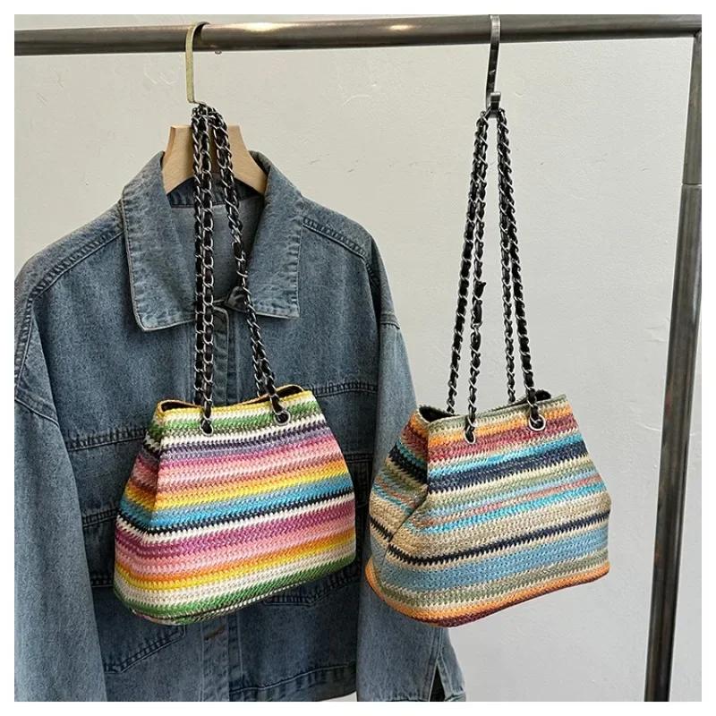Fabric Lock New Women's Shoulder Bag Chain Stripe High Beauty Fashion Crossbody Soft Versatile Commuter Bucket Bag