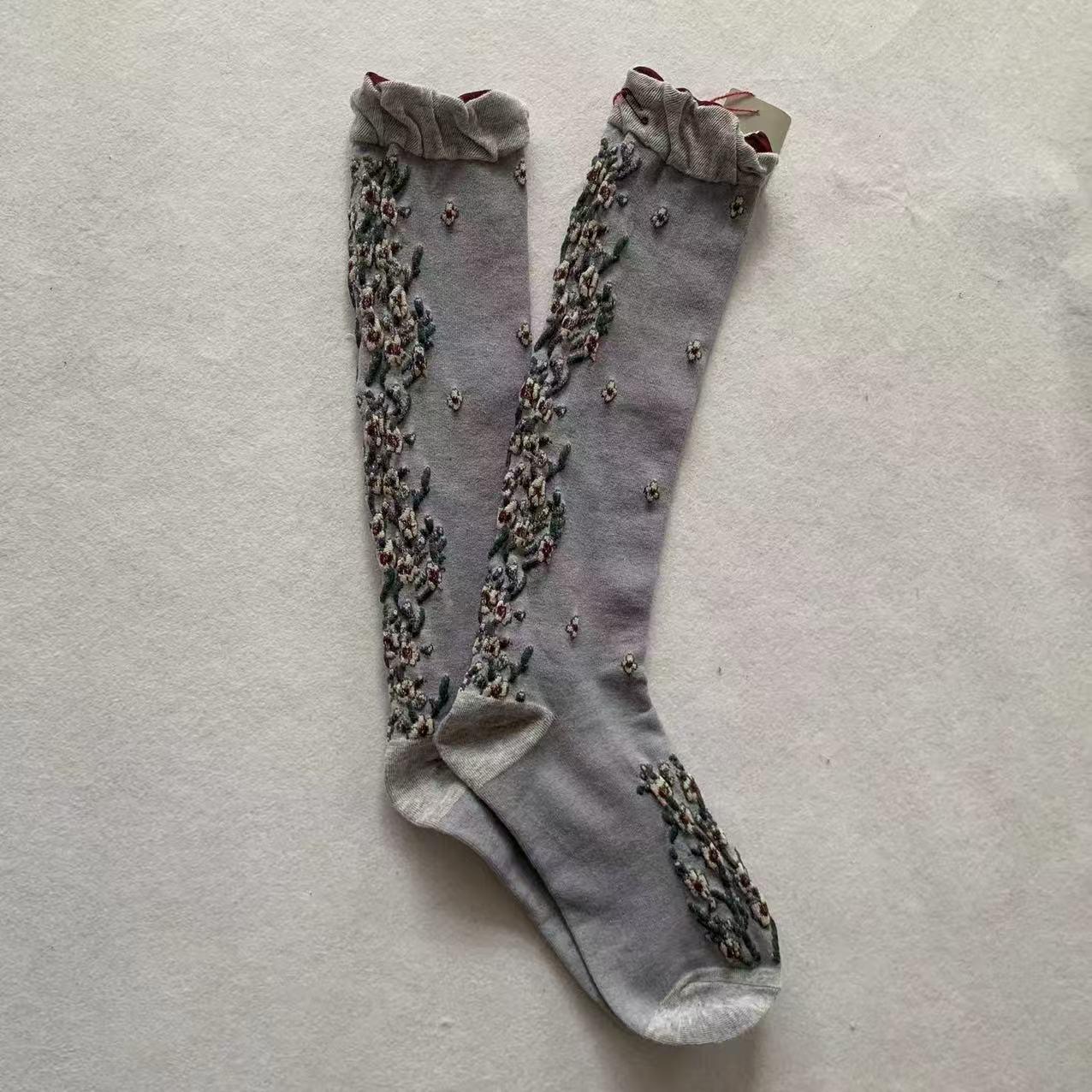 Mina Perhonen Рельефные Цветочные Ретро Носки в Стиле Мори-кей из Телячьей Кожи One Size