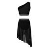 Womens Lyrical Modern Dance Outfits Dancewear One Shoulder Ruched Mesh Overlay Rhinestones Crop Top with Irregular Hem Skirt