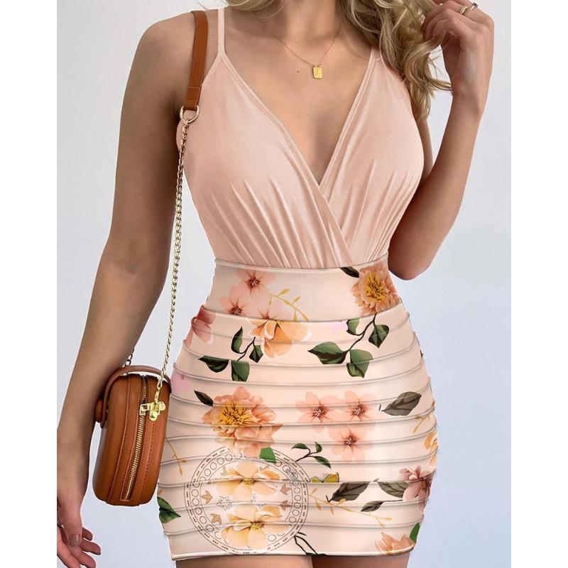 BITCED Women's Fashion Casual Sleeveless V Neck Skirt Set