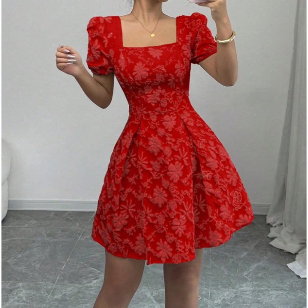 Women's Fashionable Color Square Neck Bubble Short Sleeved Dress With Temperament