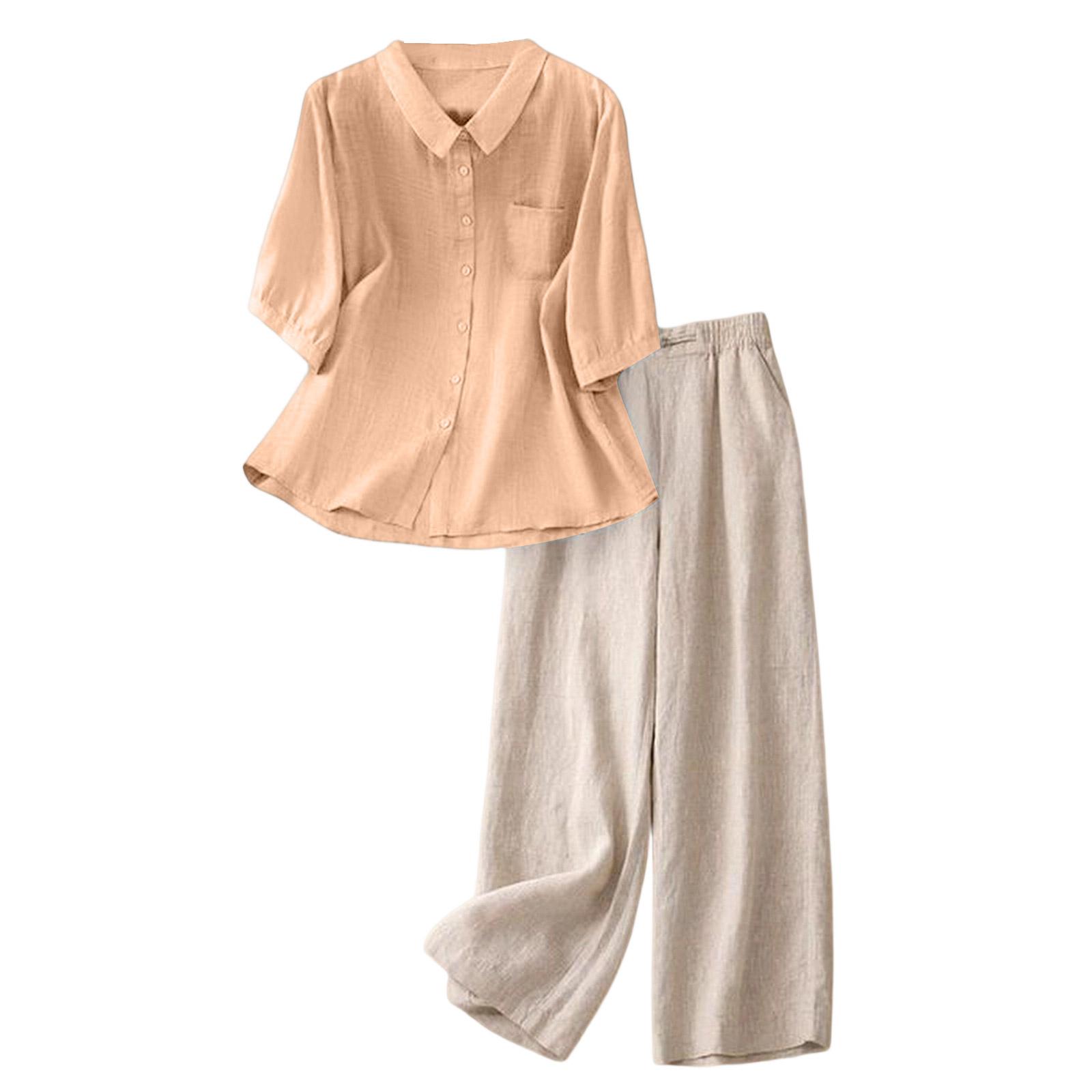 

Stylish Two-piece Cotton-linen Set: Top, Vintage-inspired, Casual, And Wide-leg Pants. XL-4 рожевий