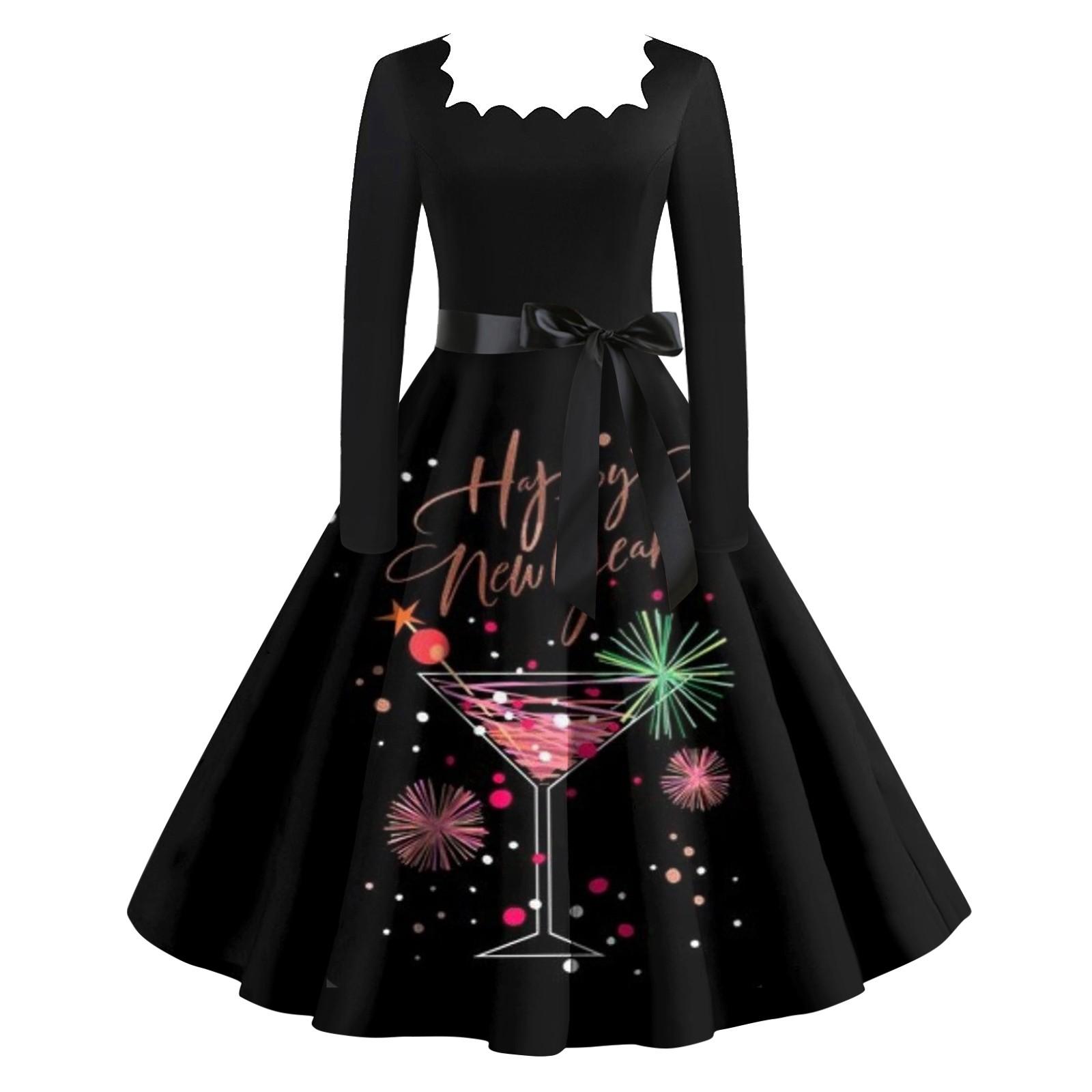 

Женское винтажное классическое платье с длинным рукавом 2024, новогоднее свободное платье с квадратным вырезом и принтом XXL разноцветный