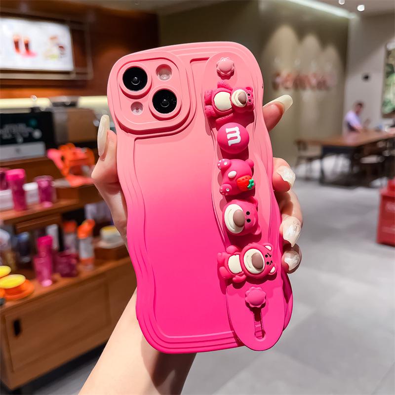 

Чехол из силикона 3D Wave с браслетом в виде медведя-клубники для Apple iPhone 8P, 11, 12, 13, 14 Promax Apple 14 Pro