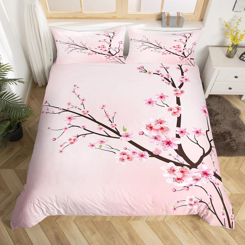 Cherry Blossoms Bedding Set for Boys Girls Japanese Style Floral Botanical Comforter Cover Twin King Sakura Flower Duvet Cover