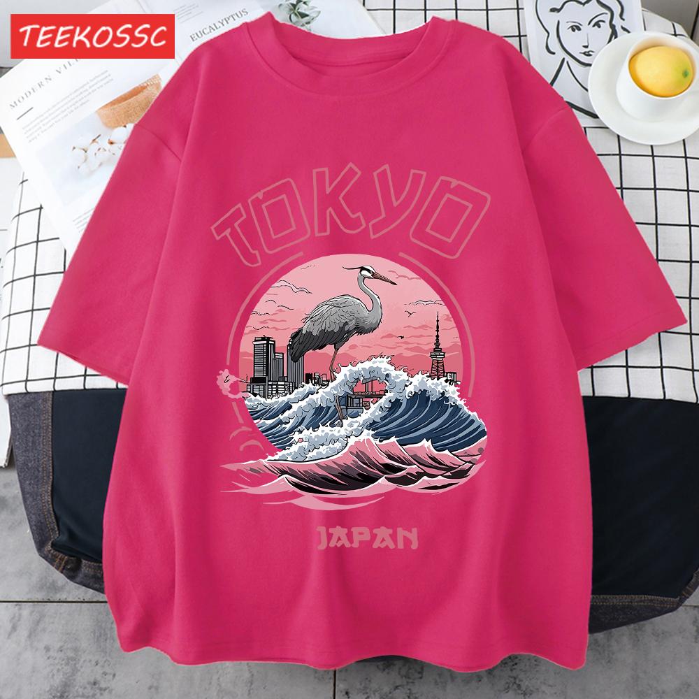 Tokyo Japan Harajuku Crane Waves Men TShirt AllMatch Casual Short Sleeve Cotton Summer Tee Male Hip Hop ONeck Streetwear