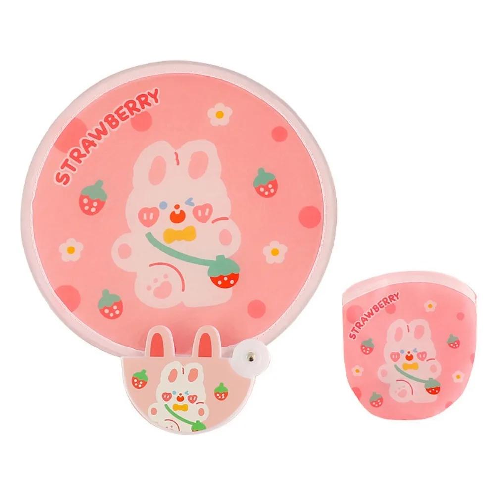 Lovely Japanese Folding Round Fan Summer Portable Mini Cartoon Handle Cloth Net Red