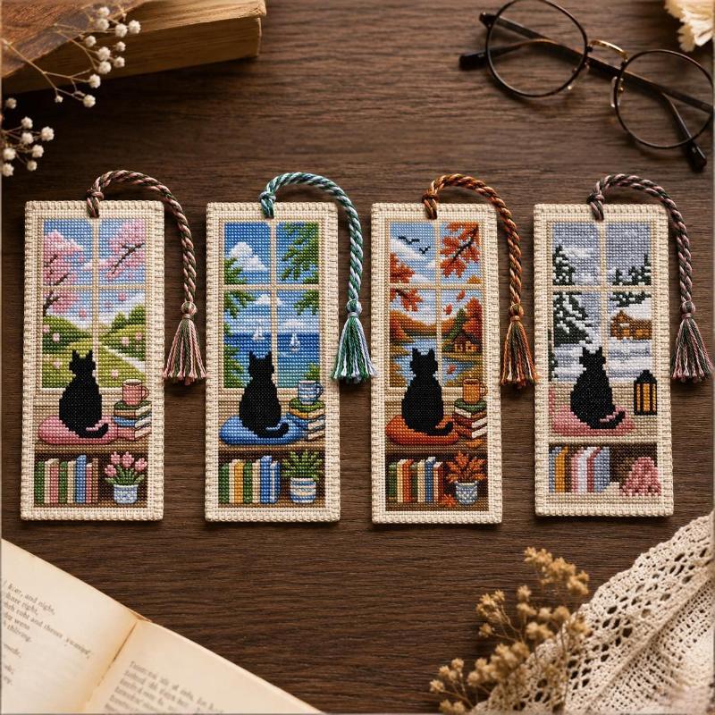 DIY Seasonal Cat Cross Bookmark Material Kit Handcrafted Braided Rope for Art Craft Enthusiasts Personalized Book Accessory Gift