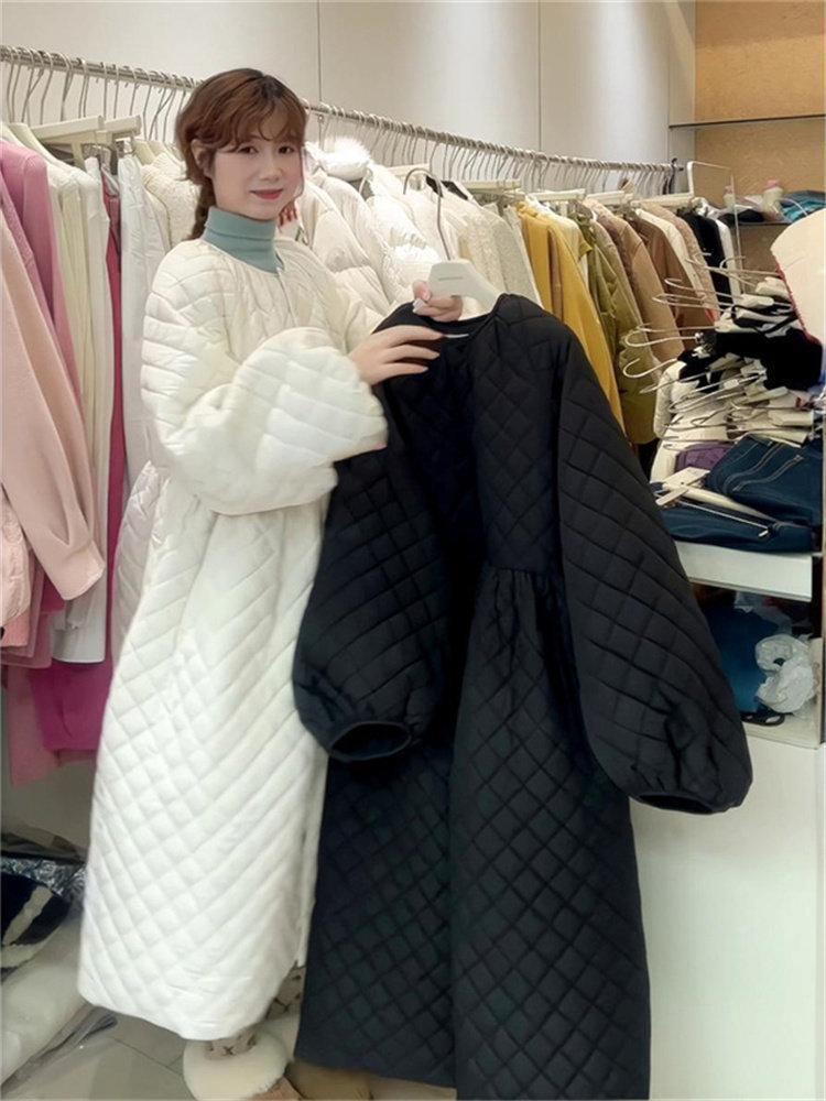 Women s Winter Retro Long Diamond Pattern Cotton Padded Jacket Coat XL чёрный