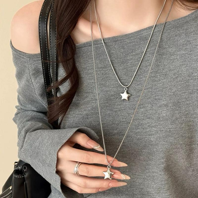 Korean Five Pointed Star Pendant Stainless Steel Necklace for Women Simple Silver Color Star Double Layer Sweater Chain Jewelry