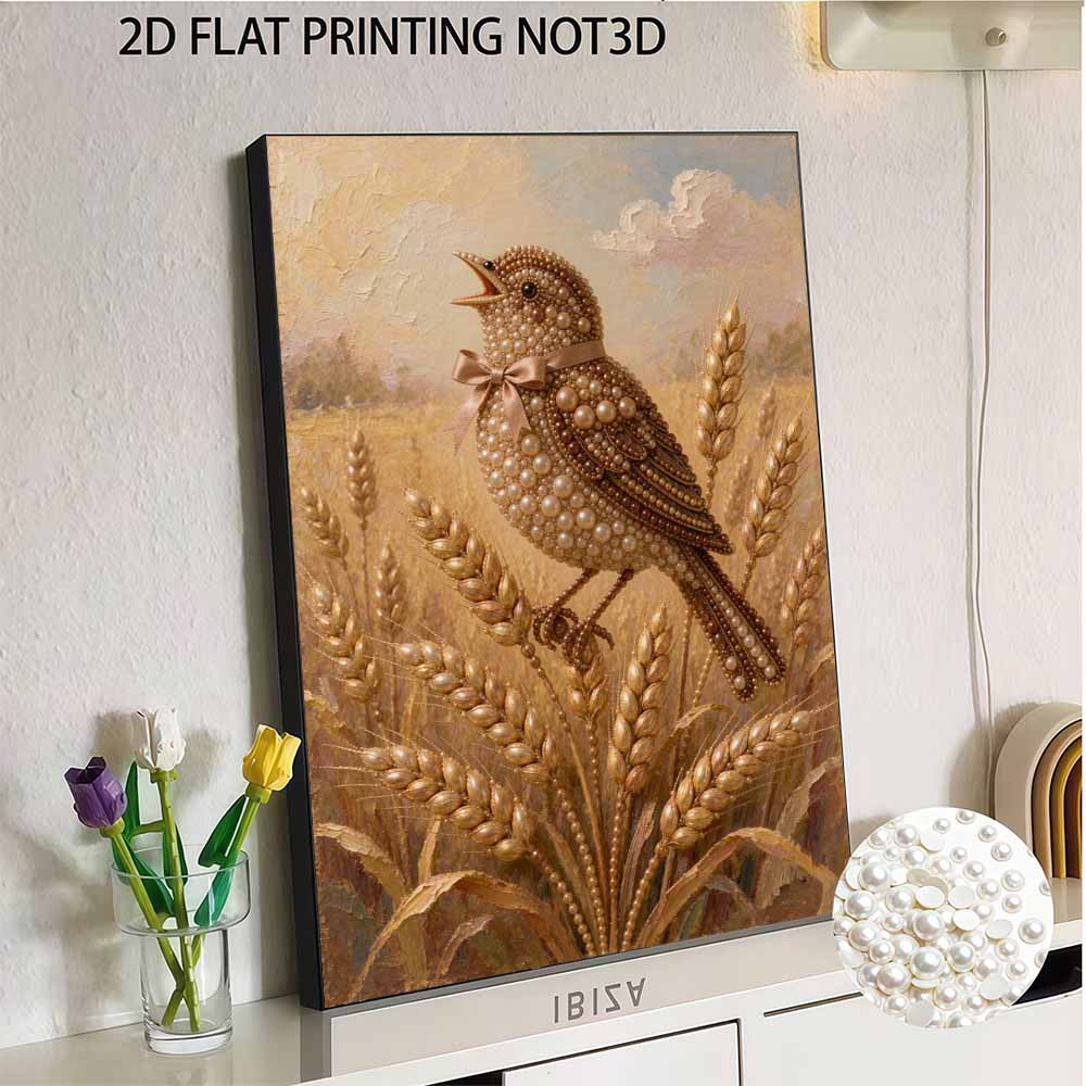 DIY 5D Pearl Bead Painting Kit with Frame Singing Bird Wheat Harvest Shiny Canvas Art for Bedroom Wall Decor and Gift