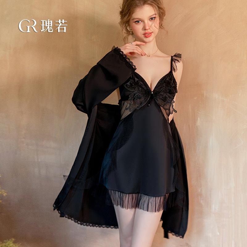 Women's Satin Deep V Push Up Padded Flutter Sleeve Cami Robe Lounge Set