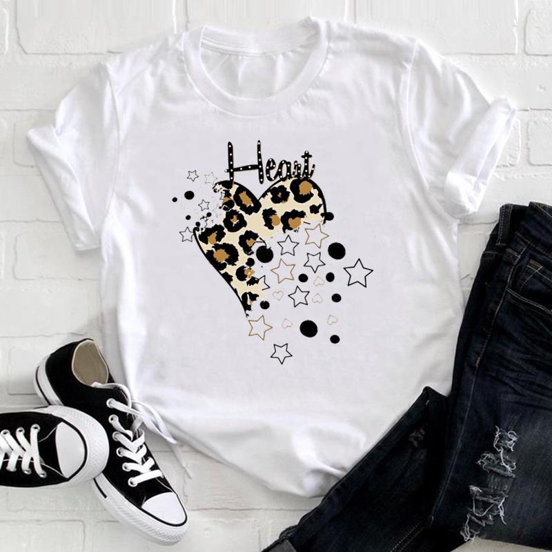 (European Size) Cute Sweet Tee Top Fashion T Leopard Love Heart Trend Shirt Women Print Lady Female  Clothing Casual Short Sleeve Graphic T-shirt