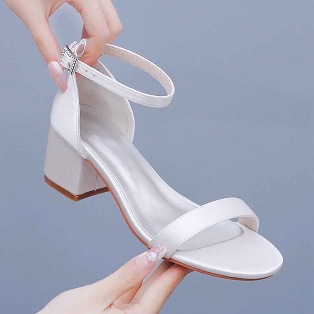 KH cm square heel Korean spring bride ivory silk satin light mouth buckle white sandals women
