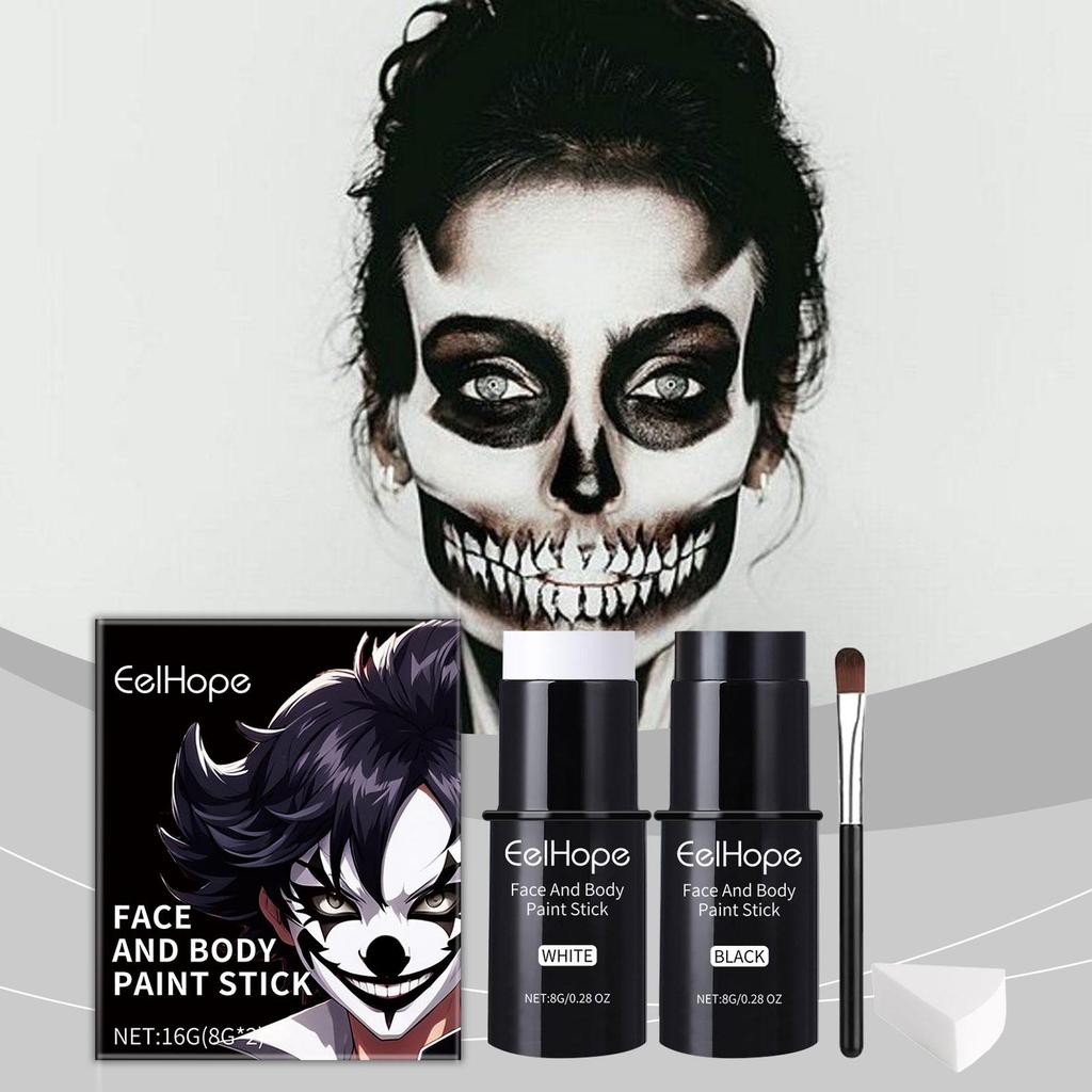 Halloween Black White Face Body Paint Kit Full Coverage Lighweight Foundation Clown Joker Makeup Festive Makeup Accessories Set