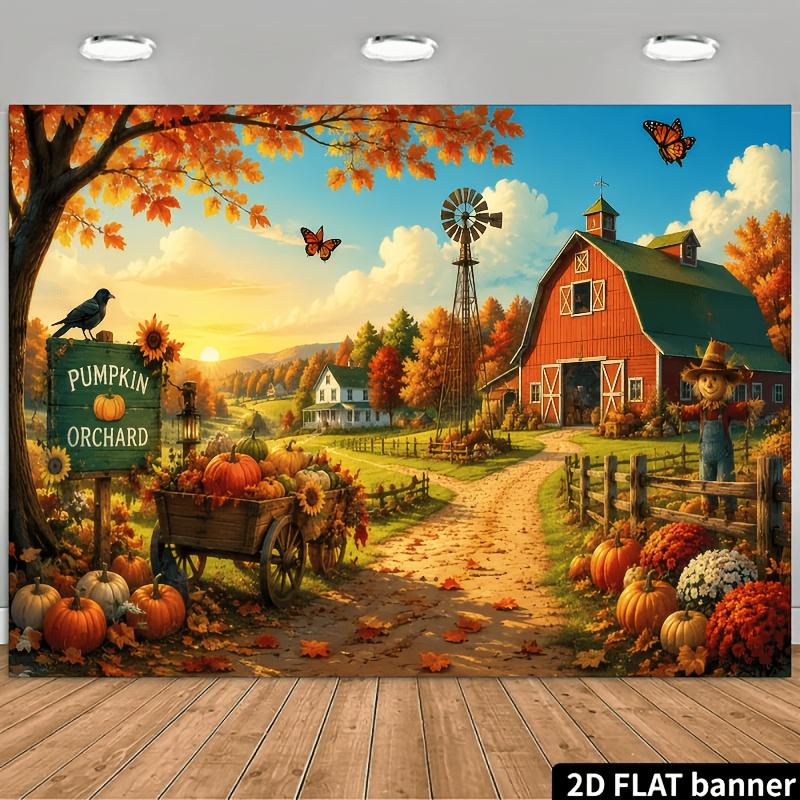 2D plane autumn pumpkin orchard farm-themed background fabric including red barn and scarecrowzyc