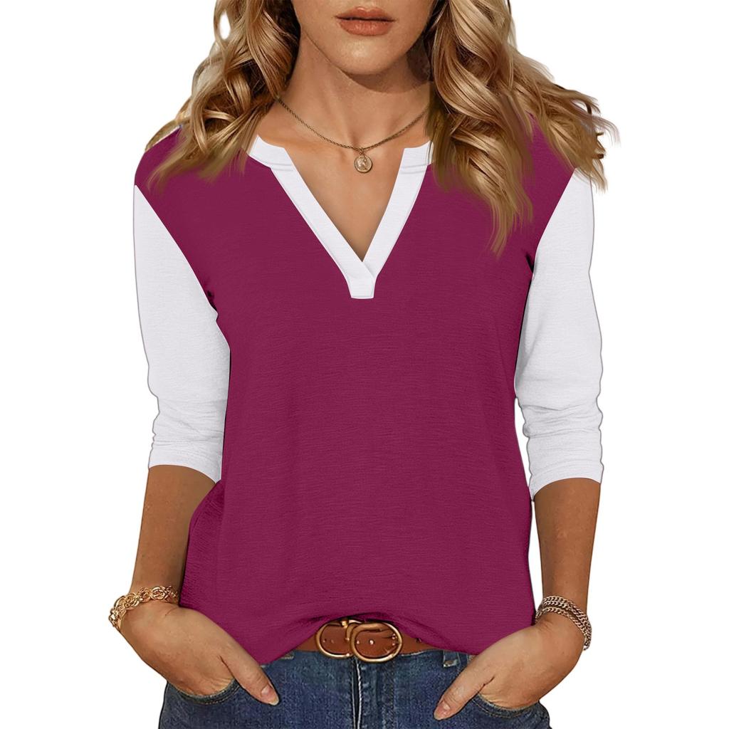 Women's Casual Fashion Sexy Comfortable V-neck Stitching Color Three-quarter Sleeve Top