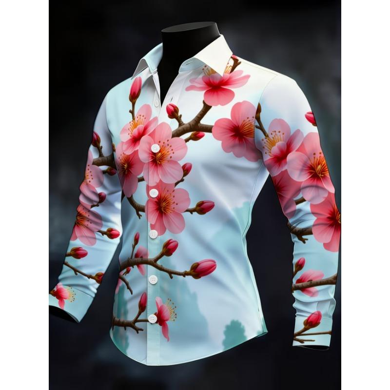 New men's casual shirt long sleeved slim fit 3D bird print shirt fashionable casual men's pattern top