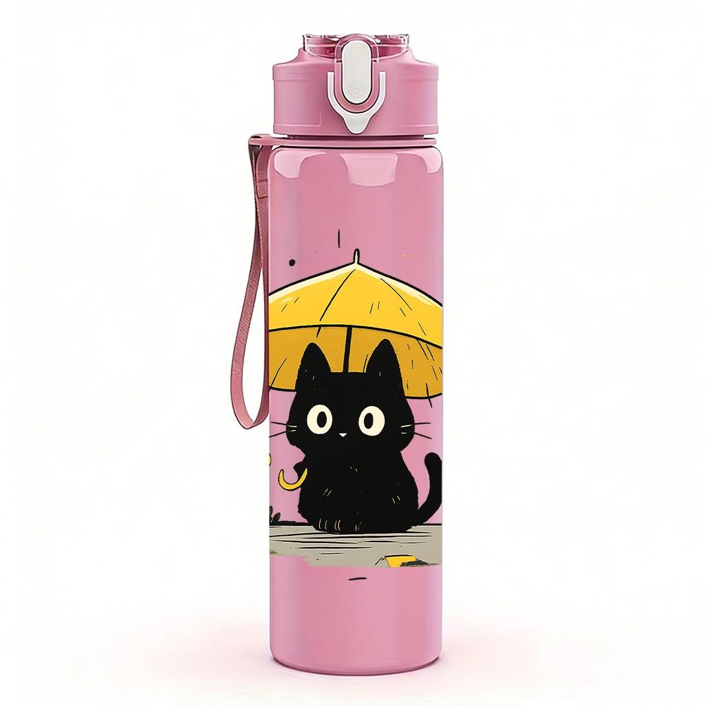 1PC Black Cat Under Umbrella Cartoon 750ml Color Plastic Sports Water Bottle Leakproof Flip Straw Lid Suitable for Sports Office Home Use