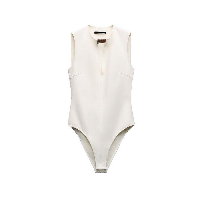 

Весна Новый американский стиль Стиль гяру Сексуальный Облегающий круглый вырез Без рукавов Кожаное кольцо Декоративный комбинезон 3067009 Ground White L