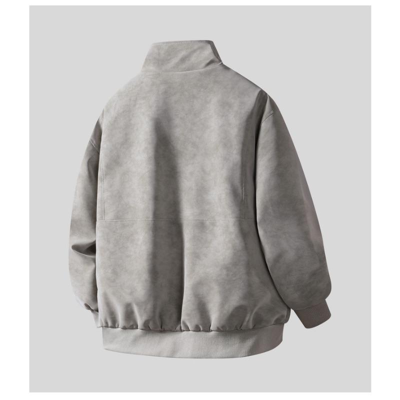 Men's Light Gray Suede Bomber Jacket, Stand Collar Casual Coat with Zipper Pockets, Retro Streetwear Style for Daily Wear