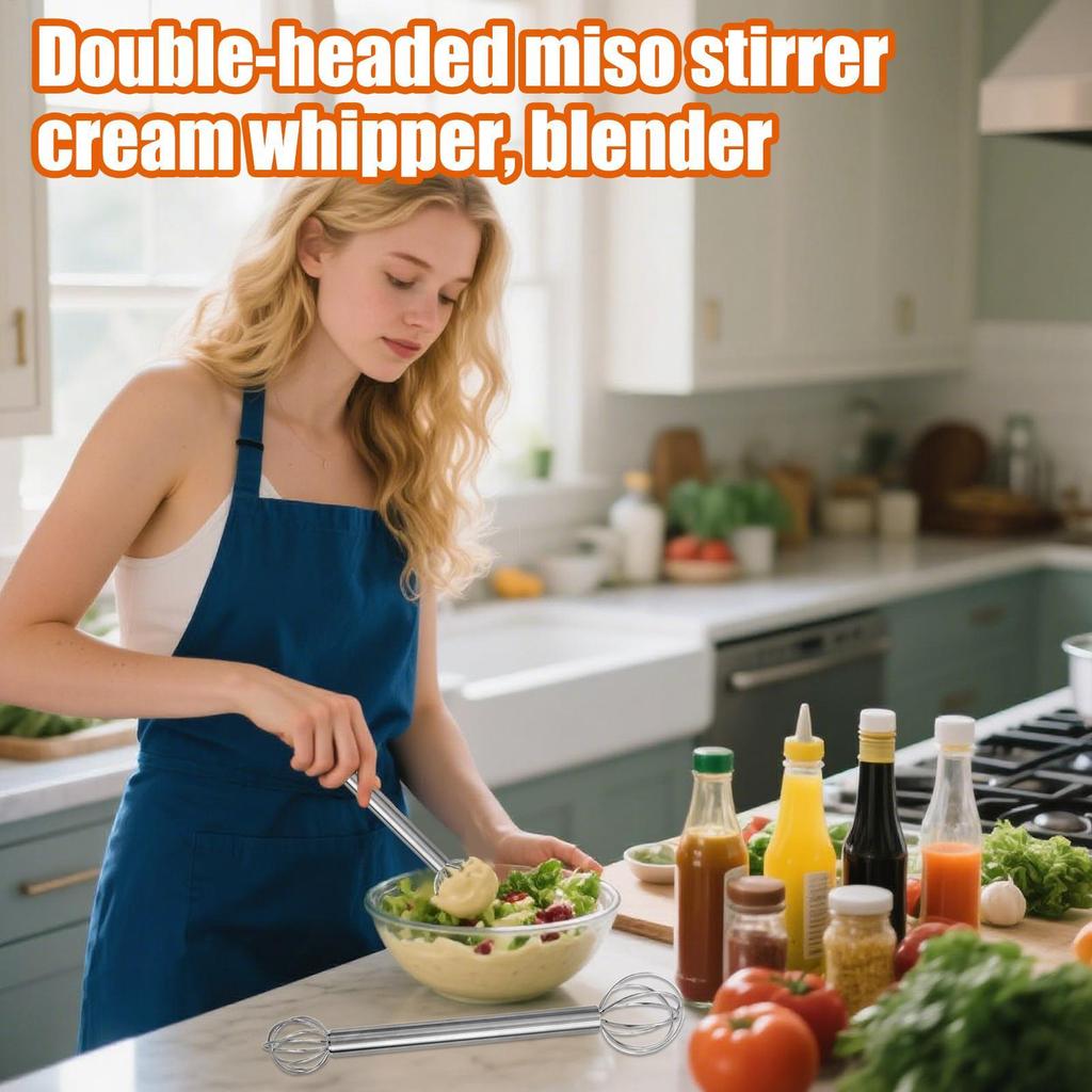 Miso Stirring Stick 304 Stainless Steel Double-head Whisk Manual Cream Sender Stirring Spoon Food Grade Blender Kitchen Tool