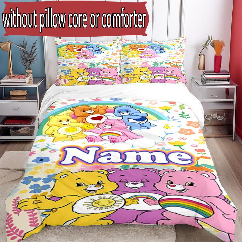 3'lü Nevresim Takımı (1*Nevresim Kılıfı + 2*Yastık Kılıfı, Çekirdeksiz), Kişiye Özel İsimli Care Bears Desenli Nevresim Takımı, Ev Yatak Odası Dekorasyon Hediyesi