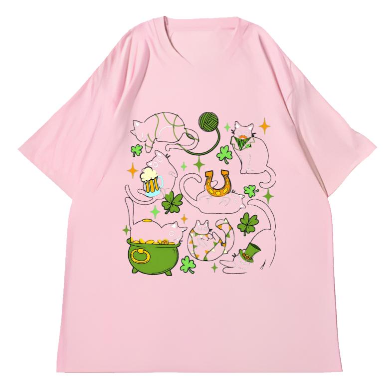 

Adult and Children Lucky Black Cat and Clover Festival EleUnisexts Graffiti Style Cotton Tshirt Couple and Parentchild Styles S