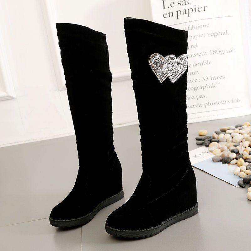 Autumn and Winter Velvet Medium and Long Boots High Heel Women's Suede Medium Boots Rhinestone Slope Heel Long Inner Height Increasing Women's Knig