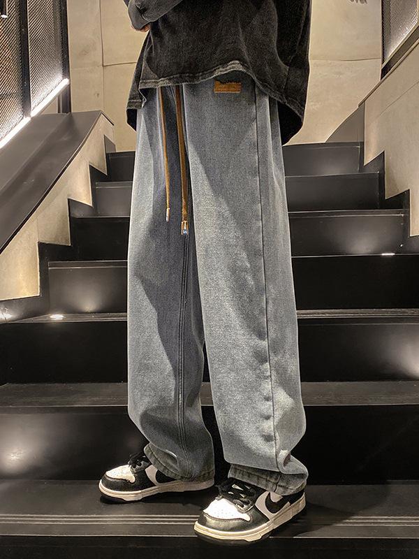Jeans da uomo alla moda, versatili, con coulisse: Pantaloni Casual High-Street Larghi Dritti a Gamba Larga Primavera e Autunno