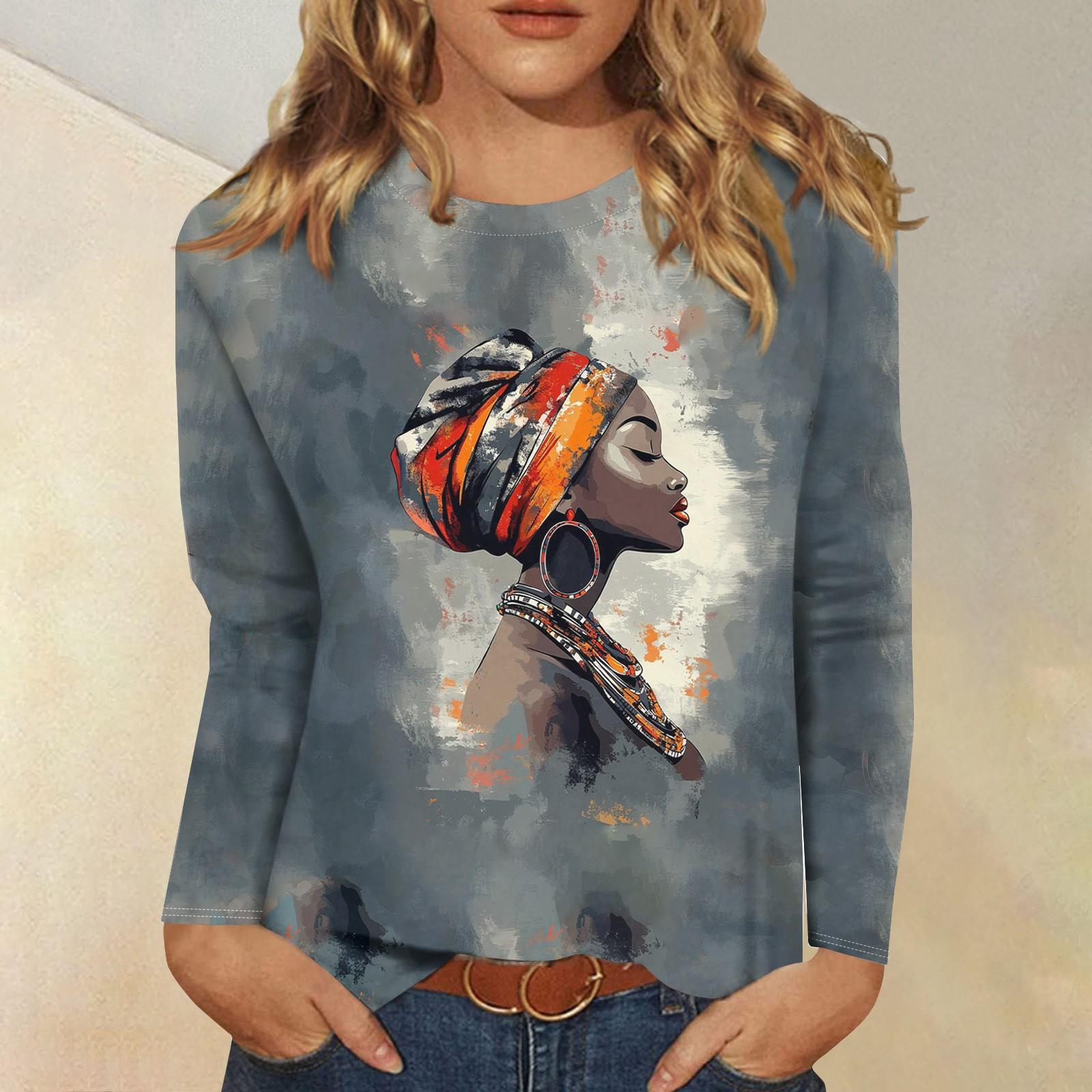 

Рубашка для женщин, модная, повседневная, с круглым вырезом, с длинным рукавом, свободная, с принтом Kwanzaa, женская футболка, топ XL