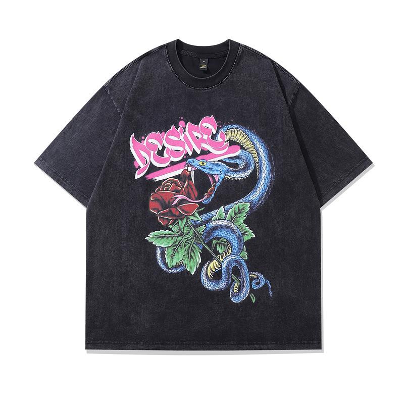 Harajuku Street Trendy Brand Vintage T-Shirt Dark Cartoon Print Washing Water Old Cotton Short-Sleeved T-Shirt Men'S Loose