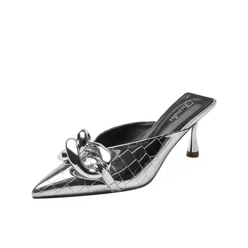 Fashion Baotou Half Slippers Women's Summer New Pointed Toe Fashion Half Support Women's Shoes Soft Pu Leather Thin Heel Slippers Mules
