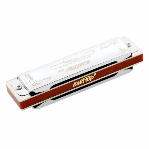 East Top 10-Hole Blues Harmonica In D Key, 20 Tones, Brass Cover, Canvas Case, and Cleaning Cloth, Ideal for Beginners and Professionals, Studying, an