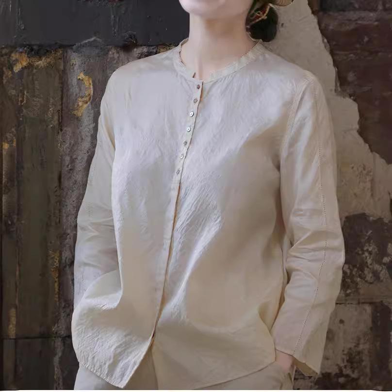 Autumn 2021 Retro Chinese Style Tussah Mulberry Silk Stand Collar Loose Long Sleeve Casual Women's Shirt