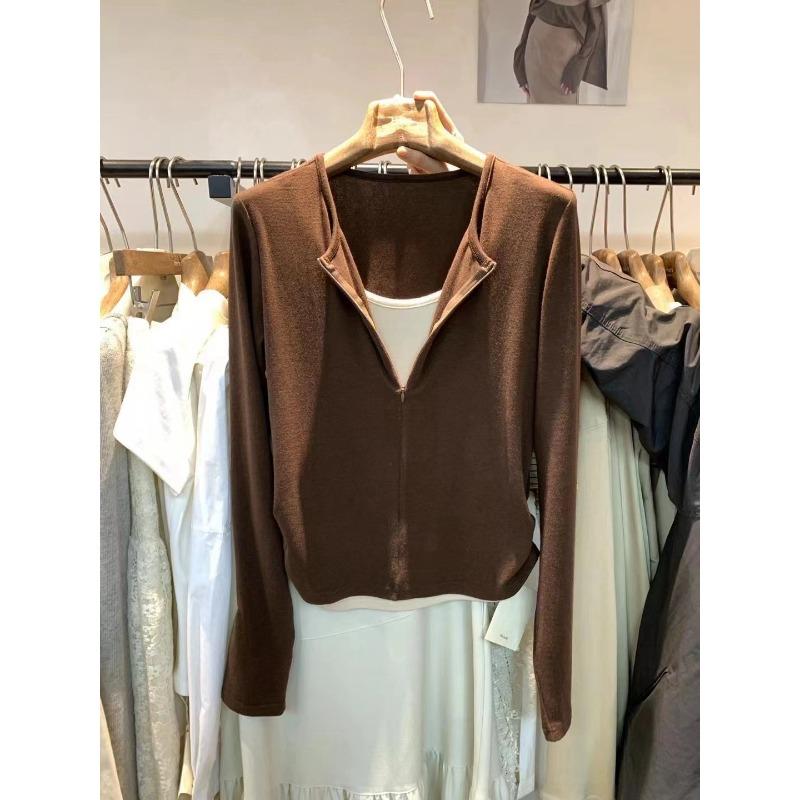 Spring Semi-zipper Contrasting Fake Two-piece Shirt Women's Top Waist Pinch Pleated Long-sleeved Retro Bottoming Shirt