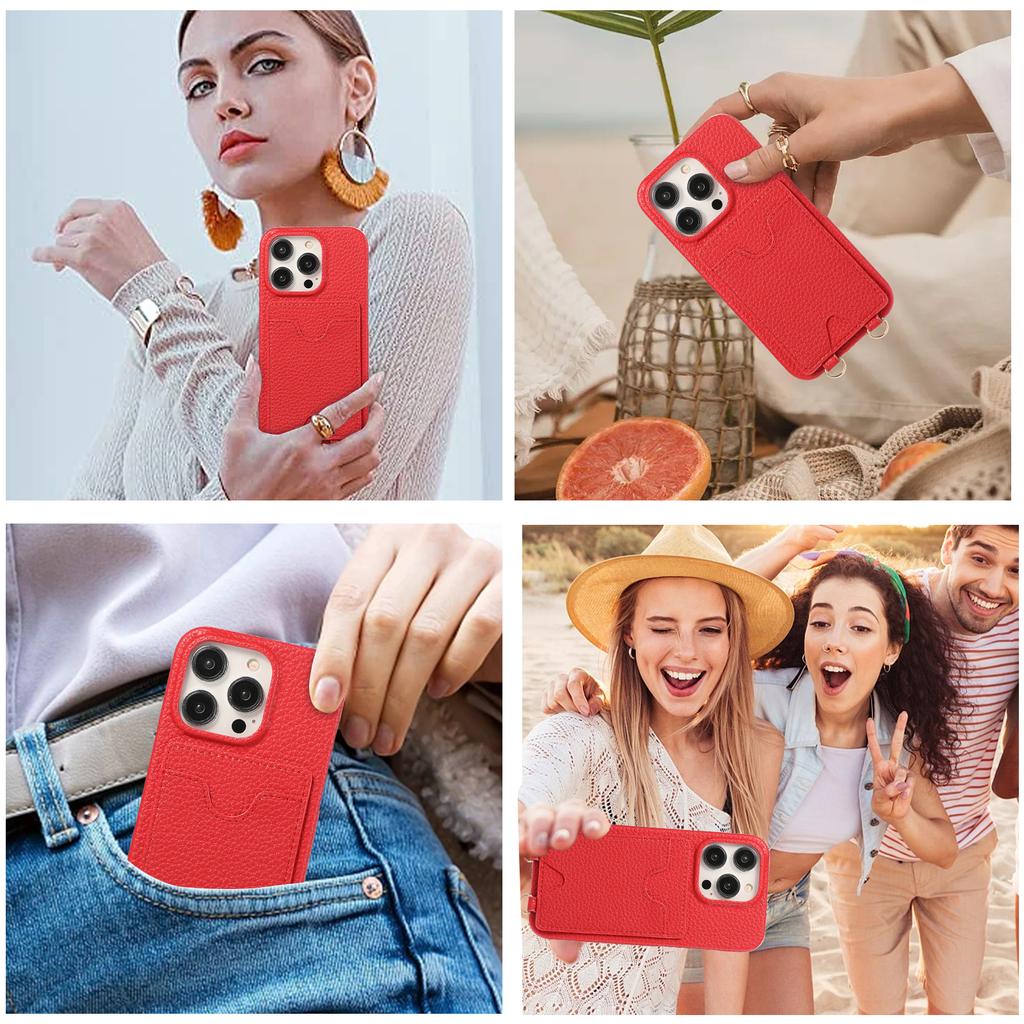 Long Lanyard Vertical Cards Solt Leather Wallet Case For iPhone 15 Pro Max 14 Plus 13 Mini 12 11 7 SE 2022 Crossbody Skin Cover