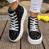 Luxury Sequined Thick Bottom Skate Shoes Women 2025 Autumn Round Toe Lace Up Casual Shoes Comfort Soft Sole Non Slip Sneakers