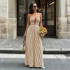 Womens Striped Halter Deep V Neck Backless High Waist Vacation Maxi Dress