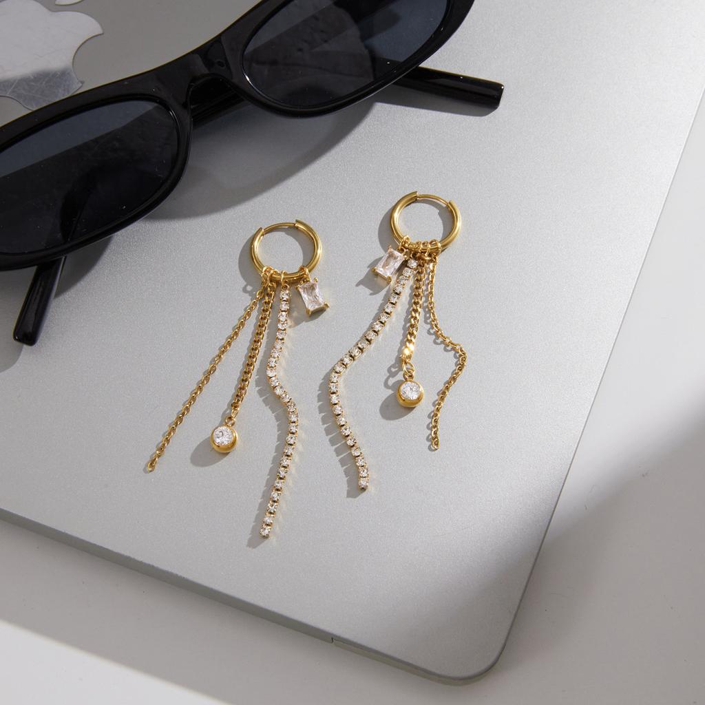 White Square Zirconia Rhinestone Chain Dangle Tassel Earrings for Women 18K Gold Plated Stainless Steel Jewelry for Fashion